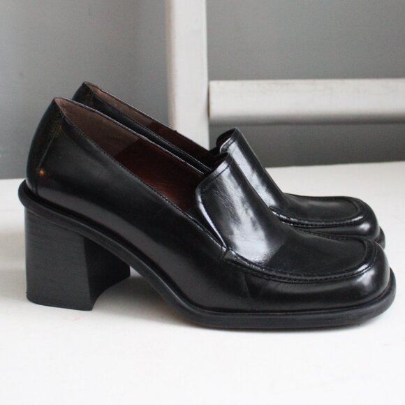 Nine West Women's Kinetic Black Leather Y2K Square Toe Loafer Heels Size 7 - Picture 4 of 8